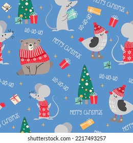 A seamless vector Christmas pattern. Cute teddy bear and mouse in a Christmas sweater. Birdie in winter hat and valenki. Christmas tree with gifts 