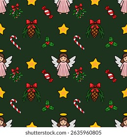 Seamless vector Christmas pattern with cute angels, candy canes, pine cones, and holly berries on a dark green background, perfect for festive holiday designs.