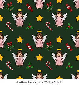 Seamless vector Christmas pattern with cute angels, candy canes, stars, and mistletoe, featuring a dark green background and pastel pink angel dresses.