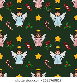 Seamless vector Christmas pattern with cute angels, candy canes, stars, and holly berries on a dark green background, perfect for festive designs and winter holidays.