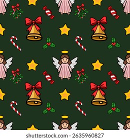 Seamless vector Christmas pattern with cute angels, golden bells, candy canes, and holly berries on a dark green background, perfect for festive designs and winter holidays.