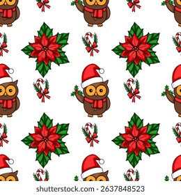 Seamless vector Christmas pattern with cute owls in Santa hats, poinsettias, candy canes, and holly berries, perfect for festive winter designs.