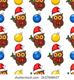 Seamless vector Christmas pattern with cute owls in Santa hats, holding holly, and colorful baubles, creating a festive and joyful winter design.