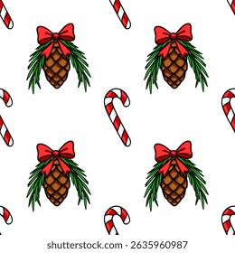 Seamless vector Christmas pattern with decorated pine cones and candy canes, featuring a hand-drawn style and vibrant red, green, and brown colors, perfect for festive designs.