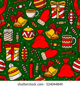 Seamless vector Christmas pattern. Christmas decorations, gifts, sweets and accessories. Print for the new year party. Vector Wallpaper the for New year and Christmas.