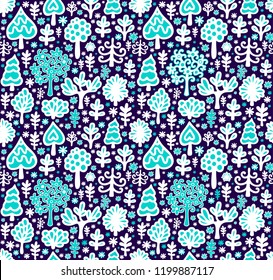 Seamless vector Christmas pattern with decorative winter trees on blue background