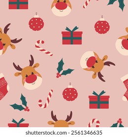 Seamless vector Christmas pattern with deer, tree, red berry plant,ornaments,present,candy cane. Christmas background for print,fabric,textile,wrapping paper,wallpapers,festive decorations.