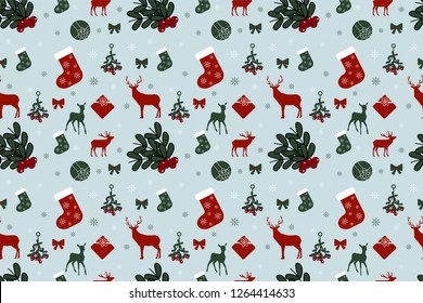 seamless vector christmas pattern with deers, gifts, xmas socks and mistletoe