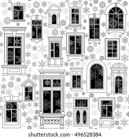 Seamless vector christmas pattern from different old windows and snowflakes inside and outside. White background, black windows and outline.
