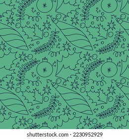 Seamless vector christmas pattern in doodle style. Christmas tree toys, branches, holly leaves, berries, stars on a green background. Design for wrapping paper, background.