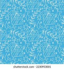 Seamless vector christmas pattern in doodle style. Christmas gifts, fir branches, serpentine, stars, holly leaves on a blue background. Design for wrapping paper, background.