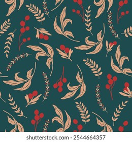 Seamless vector Christmas pattern features red and green holly leaves and berries. Perfect background, perfect for holiday projects such as wrapping paper, cards, and fabric designs.