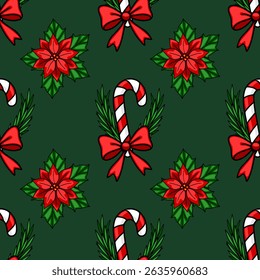 Seamless vector Christmas pattern featuring candy canes with red bows, poinsettia flowers, and sprigs of greenery on a dark green background, creating a festive and elegant design.