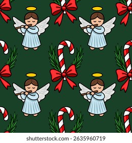 Seamless vector Christmas pattern featuring adorable angels playing flutes, candy canes with red bows, and festive greenery on a dark green background, perfect for holiday designs.