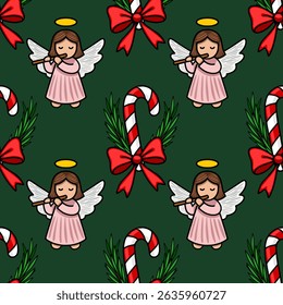 Seamless vector Christmas pattern featuring adorable angels playing flutes and candy canes adorned with red bows, set against a rich dark green background.