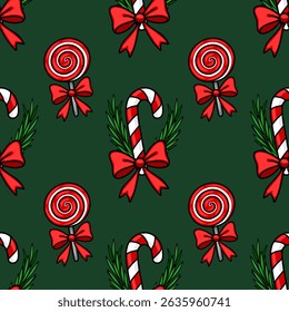 Seamless vector Christmas pattern featuring candy canes with red bows, lollipops, and sprigs of holly on a deep green background, ideal for festive designs.