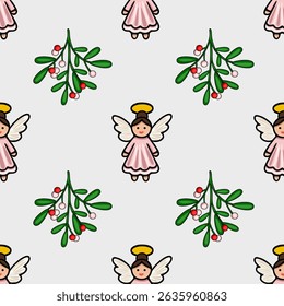 Seamless vector Christmas pattern featuring adorable angels in pink dresses and mistletoe sprigs with red and white berries, creating a charming and festive design.