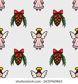 Seamless vector Christmas pattern featuring adorable angels in pink dresses and pine cones adorned with red bows, creating a charming and festive design ideal for holiday projects.