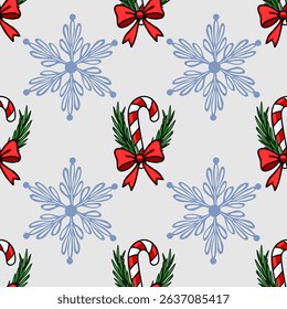 Seamless vector Christmas pattern featuring candy canes with red bows, fir branches, and delicate snowflakes on a light gray background, ideal for festive designs.