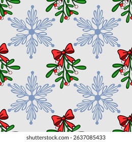 Seamless vector Christmas pattern featuring mistletoe sprigs tied with red bows and stylized snowflakes on a light gray background, perfect for festive designs.