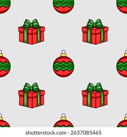 Seamless vector Christmas pattern featuring stylized red gift boxes with green bows and red and green Christmas baubles, creating a festive and playful holiday design.