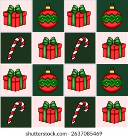 Seamless vector Christmas pattern featuring red gifts with green bows, green and red Christmas balls, and candy canes, arranged in a checkerboard design on a pink and dark green background.