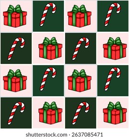 Seamless vector Christmas pattern featuring hand-drawn red gift boxes with green ribbons and candy canes on a checkered background of pink and dark green squares.