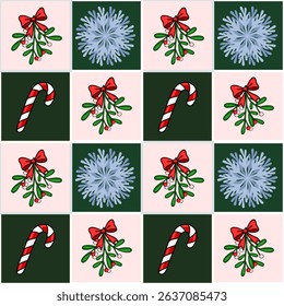 Seamless vector Christmas pattern featuring mistletoe, candy canes, and snowflakes in a repeating checkered design with pink and green squares.