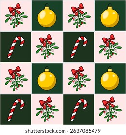 Seamless vector Christmas pattern featuring a checkerboard design with mistletoe, candy canes, and golden baubles, creating a festive and playful holiday backdrop.