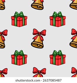 Seamless vector Christmas pattern featuring charming hand-drawn illustrations of golden bells with red bows and red gift boxes with green ribbons, creating a festive and joyful holiday design.