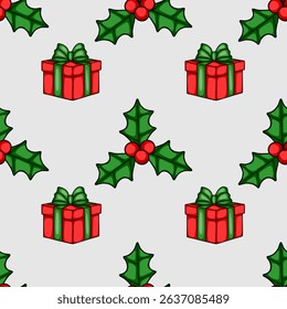 Seamless vector Christmas pattern featuring hand-drawn style red gift boxes with green bows and holly berries on a light gray background, perfect for festive wrapping paper or holiday designs.