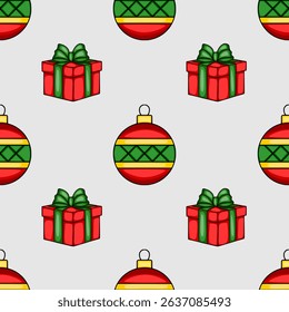 Seamless vector Christmas pattern featuring red and green presents with bows and decorative baubles, ideal for festive backgrounds and wrapping paper designs.