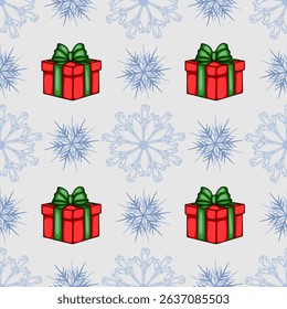 Seamless vector Christmas pattern featuring red gift boxes with green bows and stylized light blue snowflakes on a light gray background, ideal for festive designs.