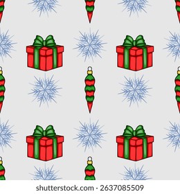 Seamless vector Christmas pattern featuring stylized red gifts with green bows, festive green and red ornaments, and light blue snowflakes on a light gray background, perfect for winter holiday des...