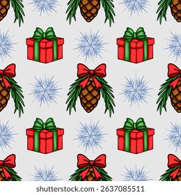 Seamless vector Christmas pattern featuring red gift boxes with green and red ribbons, pine cones adorned with bows, and stylized snowflakes on a light gray background, creating a festive and cheer...