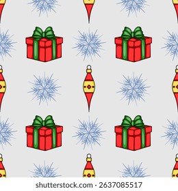 Seamless vector Christmas pattern featuring red gift boxes with green bows, stylized snowflakes, and festive ornaments in a light grey background.
