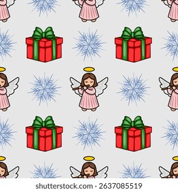 Seamless vector Christmas pattern featuring adorable angels playing flutes, festive gift boxes, and delicate snowflakes on a light grey background, creating a charming and whimsical winter holiday...