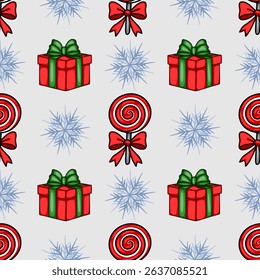 Seamless vector Christmas pattern featuring red gift boxes with green ribbons, red lollipops with bows, and stylized snowflakes on a light gray background.