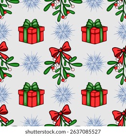 Seamless vector Christmas pattern featuring red gift boxes with green ribbons, mistletoe sprigs with red and white berries, and stylized snowflakes on a light gray background, creating a festive an...