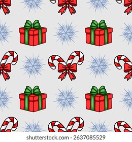 Seamless vector Christmas pattern featuring hand-drawn red gift boxes with green bows, candy canes tied with red bows, and light-blue snowflakes on a light-grey background.
