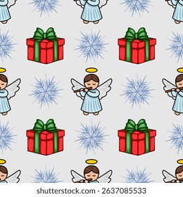 Seamless vector Christmas pattern featuring adorable angels playing flutes, festive red gifts with green bows, and delicate icy snowflakes on a light grey background.