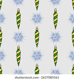 Seamless vector Christmas pattern featuring stylized green and yellow spiral ornaments and delicate snowflakes on a light gray background, ideal for festive designs.