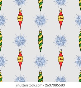 Seamless vector Christmas pattern featuring stylized red and green ornaments and delicate snowflakes on a light gray background, ideal for festive designs.