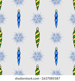 Seamless vector Christmas pattern featuring stylized blue and green spiral ornaments and delicate snowflakes on a light grey background, perfect for festive designs.
