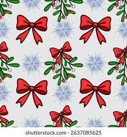 Seamless vector Christmas pattern featuring red bows, mistletoe sprigs, and stylized snowflakes on a light gray background, ideal for festive designs and winter celebrations.