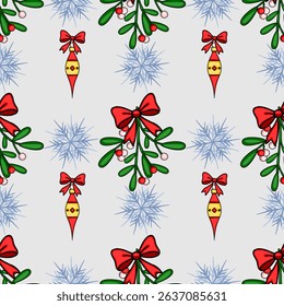 Seamless vector Christmas pattern featuring mistletoe sprigs with red bows, festive ornaments, and delicate snowflakes on a light gray background, ideal for winter holidays design.