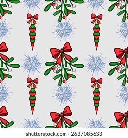 Seamless vector Christmas pattern featuring mistletoe sprigs with red bows, striped Christmas ornaments, and delicate snowflakes on a light gray background, perfect for festive designs.