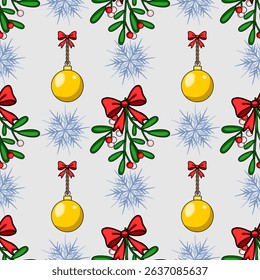 Seamless vector Christmas pattern featuring mistletoe sprigs with red bows, golden baubles, and stylized snowflakes on a light grey background, creating a festive and charming winter design.