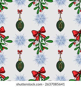 Seamless vector Christmas pattern featuring mistletoe sprigs with red bows, dark green ornaments with golden details, and stylized snowflakes on a light grey background.