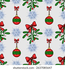 Seamless vector Christmas pattern featuring red and green baubles, mistletoe sprigs with red bows, and stylized snowflakes on a light gray background, perfect for festive designs.